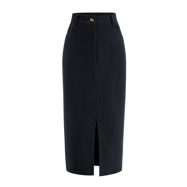 Falda PRETTYGARDEN Gris Oscuro de Cotelé de Cintura Alta Midi