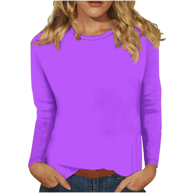 aidice Tops for Women Casual Round Neck Long Sleeve Basic Tees Fitting Comfy Solid Color Tshirts