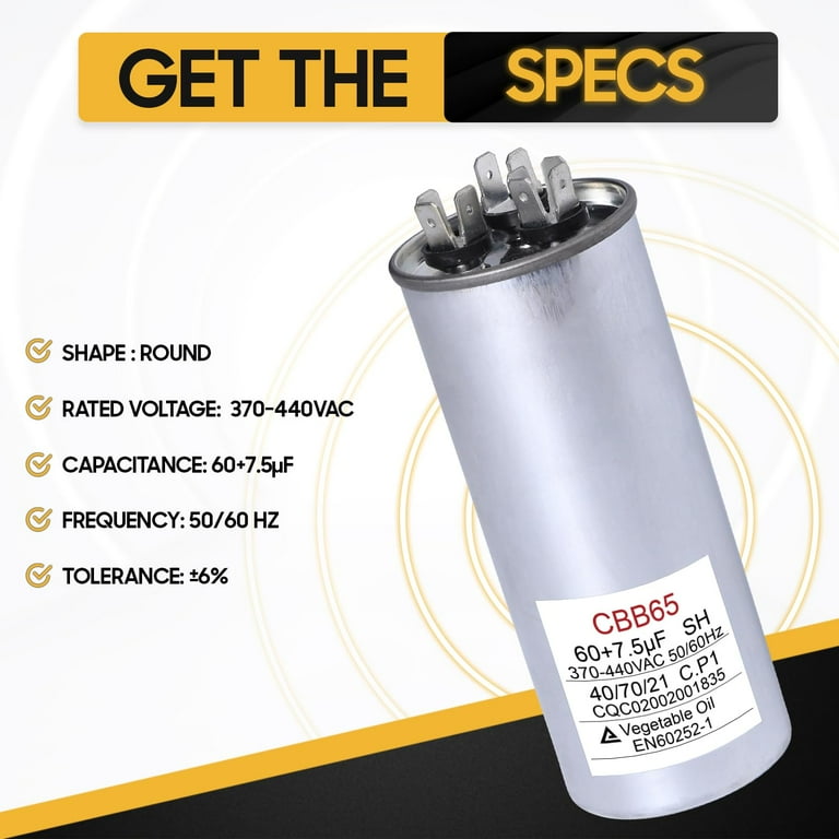 TEMCo 60/7.5 MFD UF Dual Run Capacitor - 370/440 VAC For HVAC Motors & Compressors