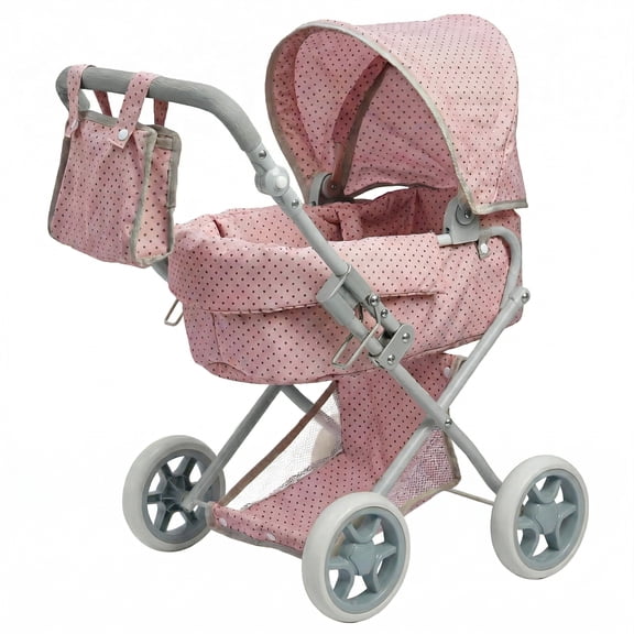 2 in 1 Reborn Doll Stroller Pram Carriage Set Pink Polka-dotted For Doll 14 to 24 inch with Detachable Bassinet Cradle Basket, Storage Underneath, Comfortable to Push, Ideal Gift for Girls Birthday