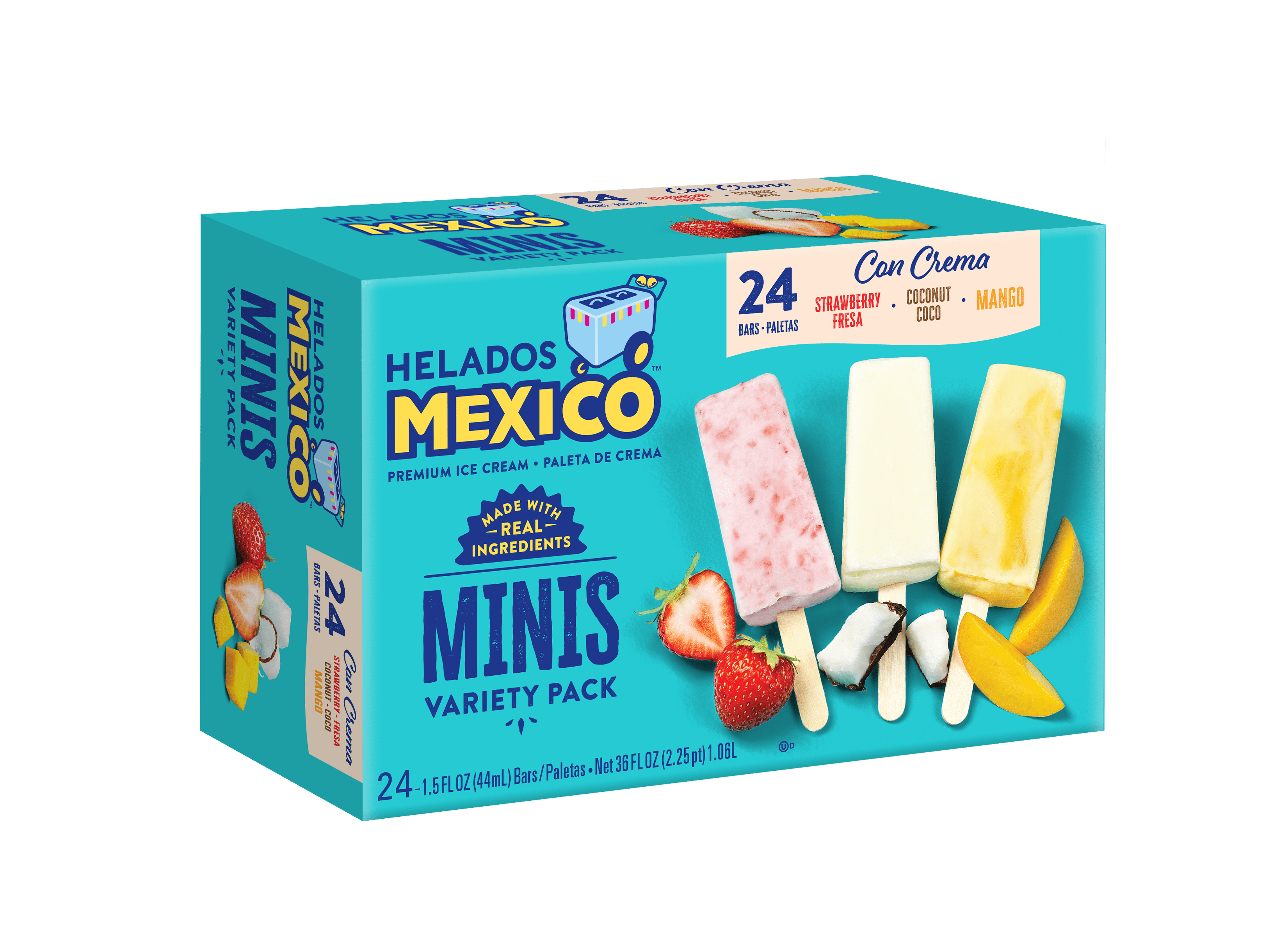 Helados Mexico Minis Strawberry, Coconut and Mango Real Fruit and Ice Cream Bars Variety Pack, Gluten-Free, Frozen, 36 fl oz, 24 count