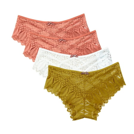Womens Thong Underwear 4pc Womens Underwear Lace Panties for Women Lightweight Lace Briefs Low Waist Thong Plus Size Ladies Underpants Thongs Lace Panties Yellow 5XL
