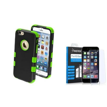 Insten Hybrid 3-Layer Protective Hard PC Outer/Silicone Inner Case for iPhone 6 6s - Black/Green (+ Tempered Glass Screen