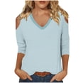 thumbnail image 2 of JMKQLZ Women's Fashionable Casual 3/4 Sleeve Off Shoulder V-neck Printed Top, Light Blue, Size: XL, 2 of 5