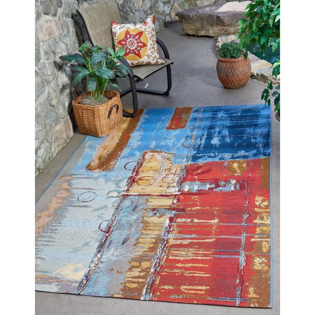 Unique Loom Collection Moderne Abstrait, Rustique, Couleurs Vives, Vintage, Tapis d'Intérieur et d'Extérieur, 5 Pi 3 Po x 8 Pi, Multicolore/bleu