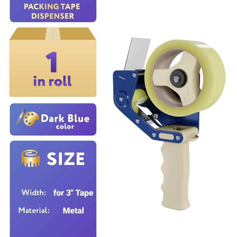 Blue Packing Tape Dispenser Gun, Durable Metal Side Loading, 3 in Tape Capacity