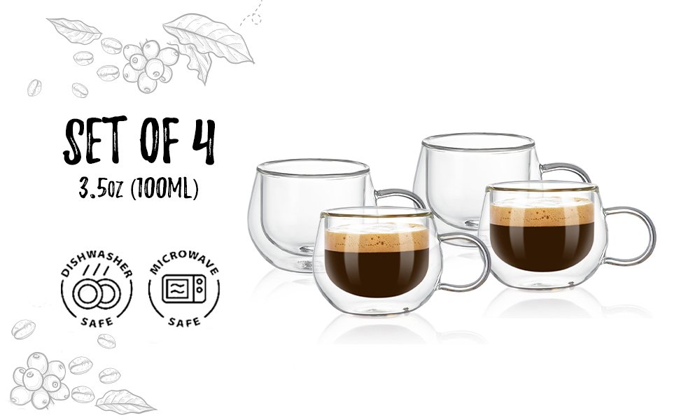 Bacimi Double Wall Insulated Borosilicate Glass Espresso cups 3.5oz /100ml 4pack