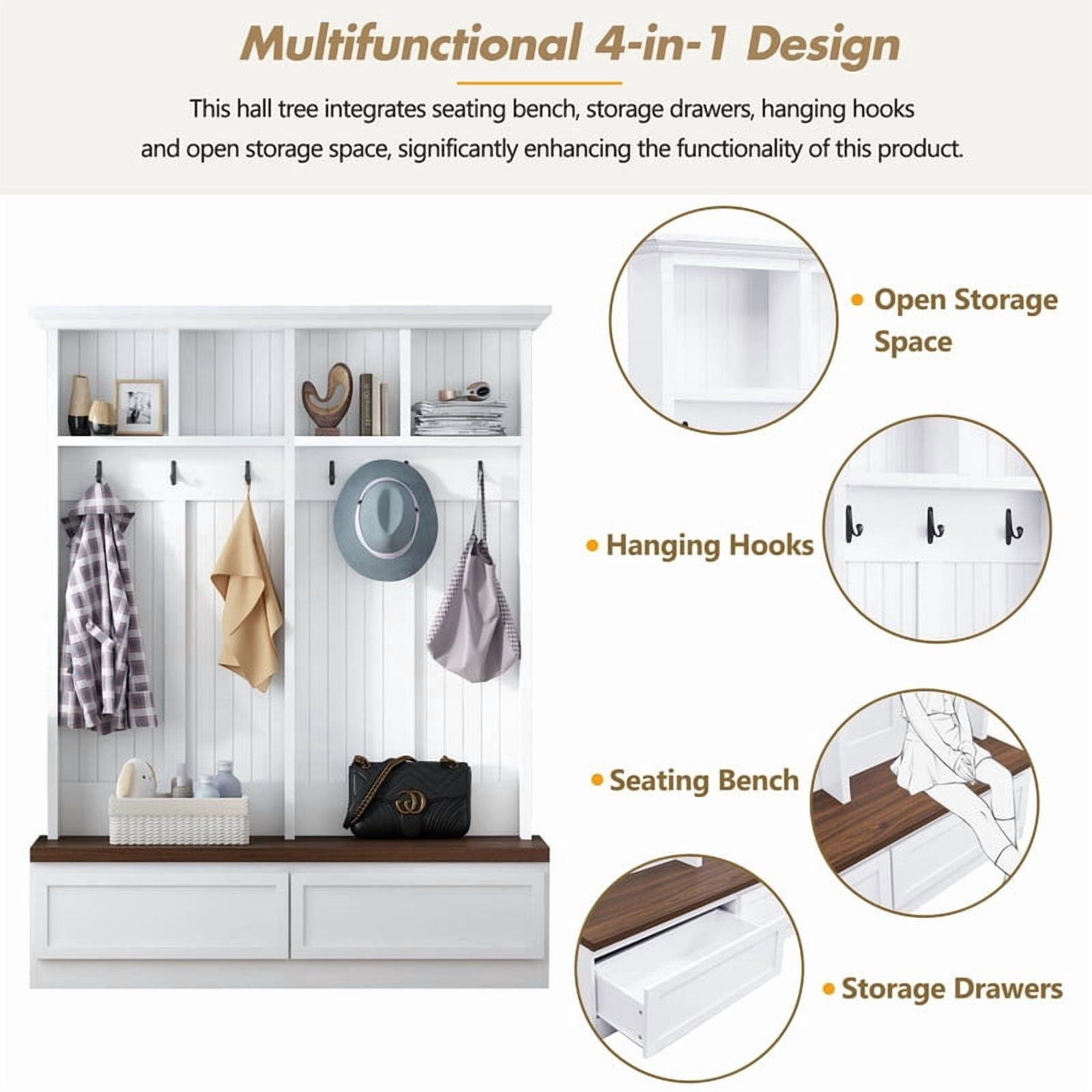 Farmhouse 4-in-1 Hall Tree with Storage Bench, Versatile Coat Rack with 2 Drawers, Entryway Organizer with 6 Hooks for Hallway, Living Room