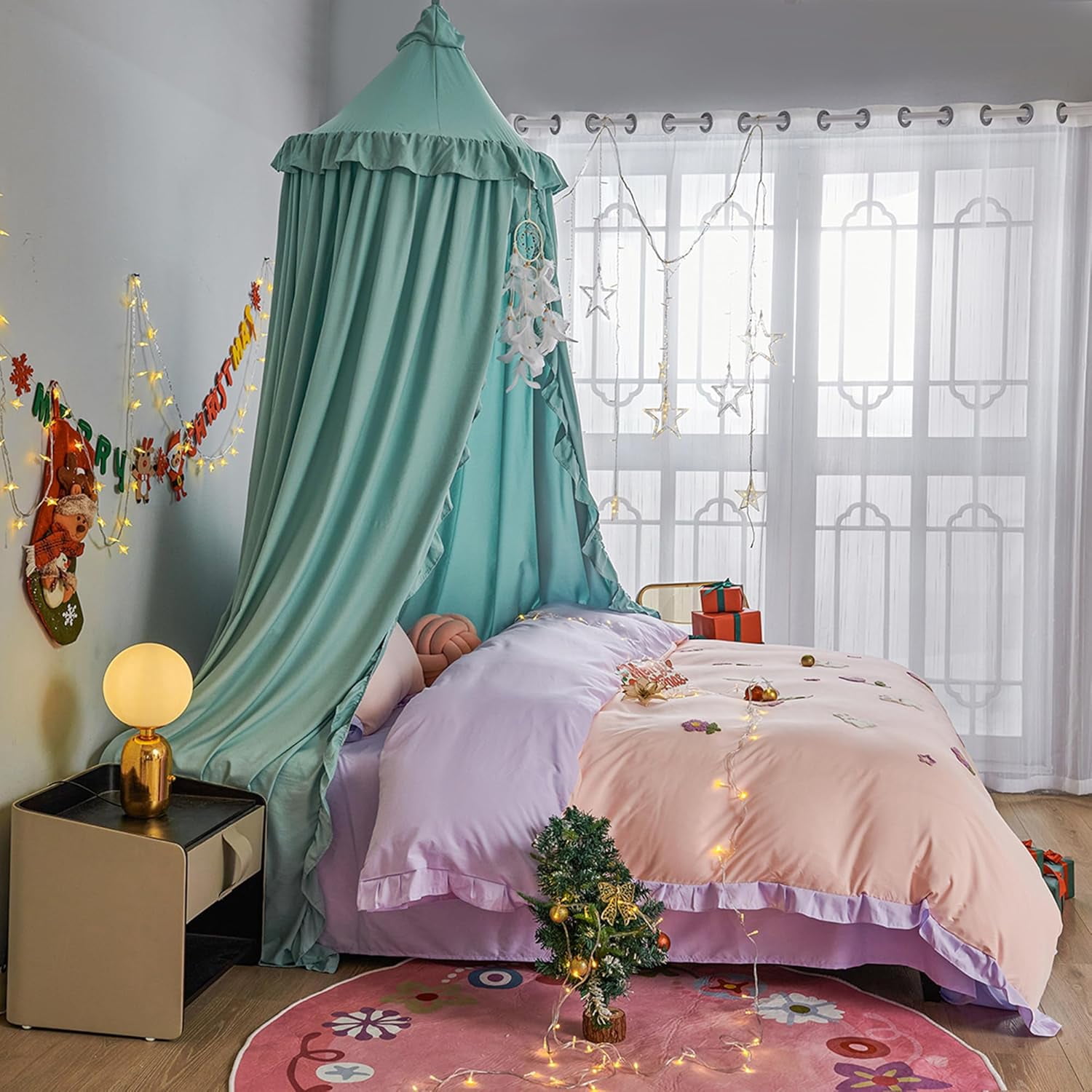 Bed Canopy for Girls,Princess Round Dome Dreamy Mosquito Net Bedding Girls Room Castle Play Tent Hanging House Decor Reading Nook Canopies (Green)