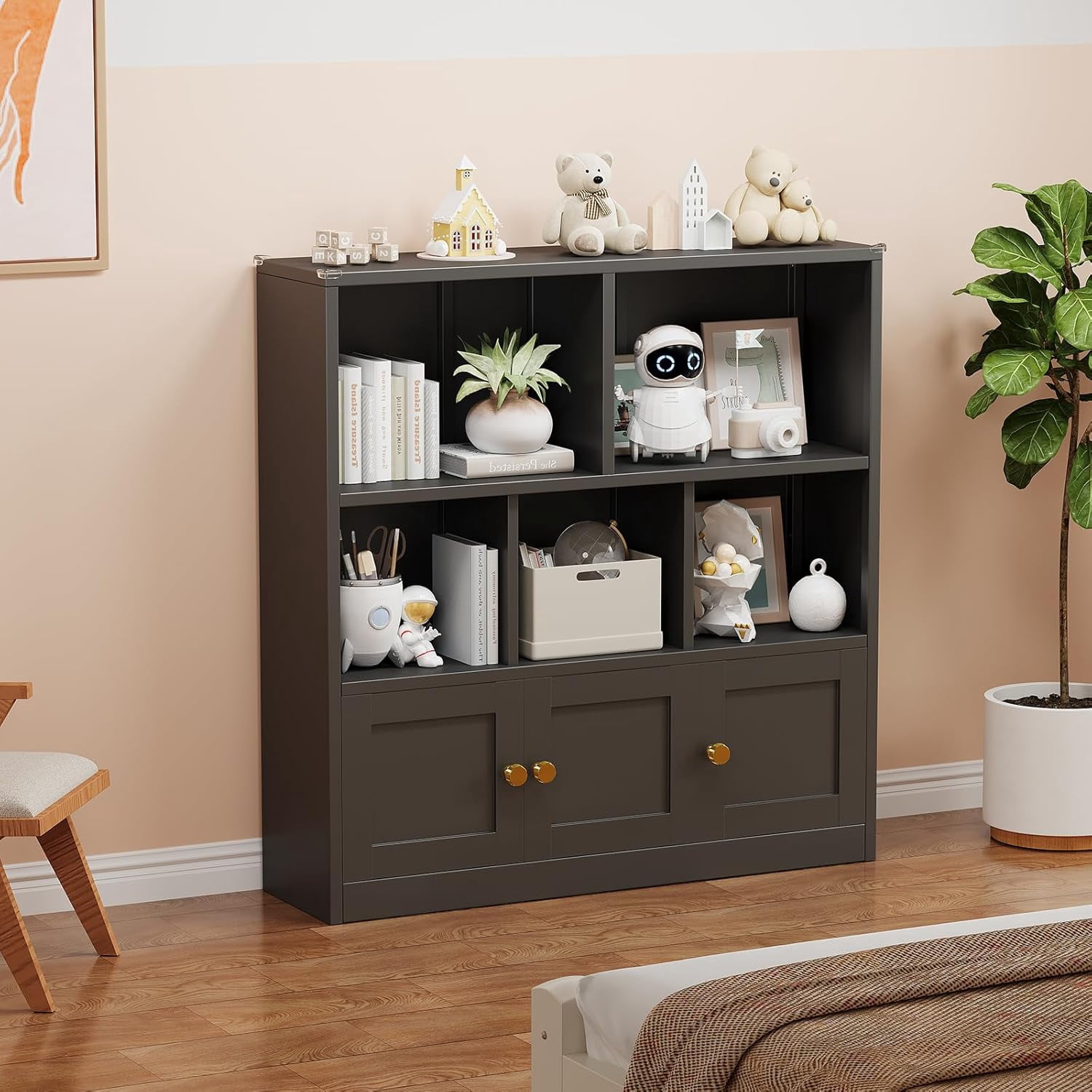 Toy Storage Organizer and Metal Kids Bookshelf with 3 Storage Cabinet and 5 Open Shelves, Multifunctional Display Shelf for Bedroom & Playroom, Ideal for Organizing Books, Toys & Decor, Black