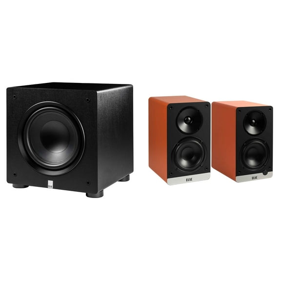 Elac DCB41-OR - Debut ConneX 4.5" Powered Speakers - Orange, Pair and Elac PS250-BK - Varro Premium 10" 250 Watt Powered Subwoofer with Auto-EQ
