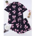 thumbnail image 4 of Fewfanhot Women's Satin Pajama Set, Pink Checkered Bow Print Short Sleeve Button Down Sleepwear, Soft Loungewear with Shorts for Ladies, S-2XL, 4 of 9