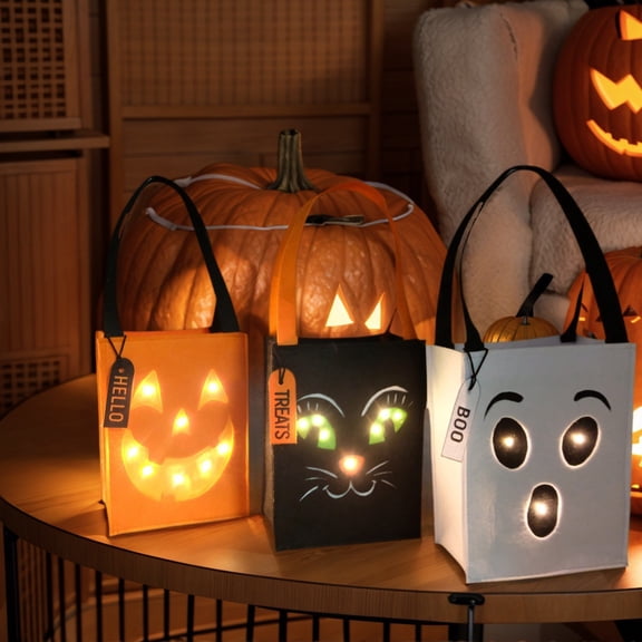 3 Pieces Halloween Trick or Treat Bucket for Kids Light Up Pumpkin Candy Bag LED Halloween Treat Basket Reusable Gift Tote Bag for Party Gift Supplies (Color)
