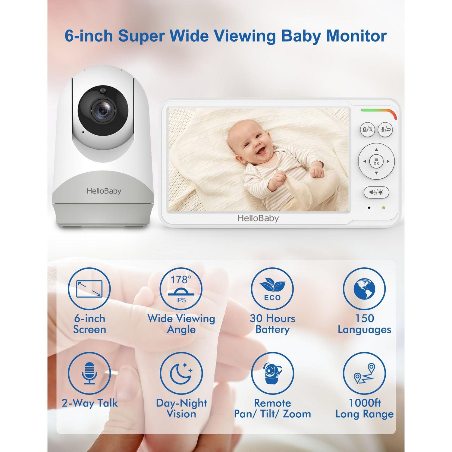 HelloBaby 6.0" LCD Wireless Video Baby Monitor, 4000mAh Rechargeable Battery, Remote Pan-Tilt-Zoom