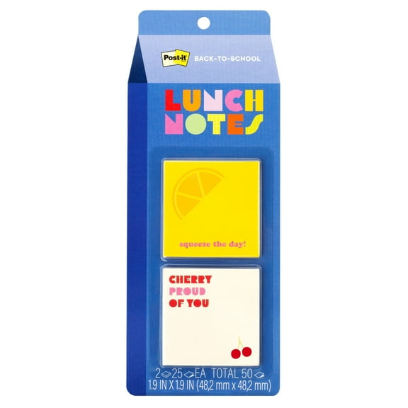 Post-it Lunch Notes, Bright Multi-Colored, 1.9 in x 1.9 in, 2 pads