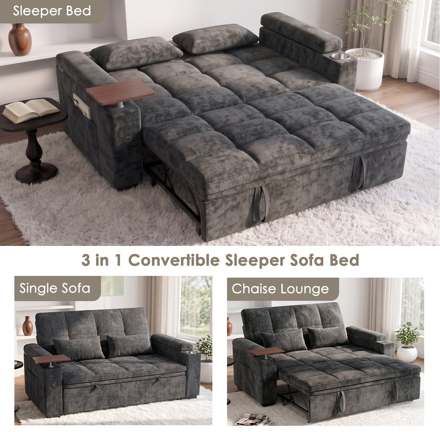 AISWORD 65" 3‑in‑1 Pull‑Out Sleeper Sofa Bed, Chenille Convertible Loveseat with USB Port, Rotating Side Table, Cup Holders for Small Spaces, Dark Gray