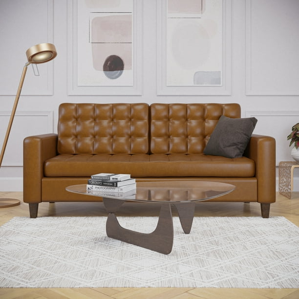 Mayview Upholstered Square Arm Sofa With Buttonless Tufting Camel Faux Leather Walmart Com Walmart Com