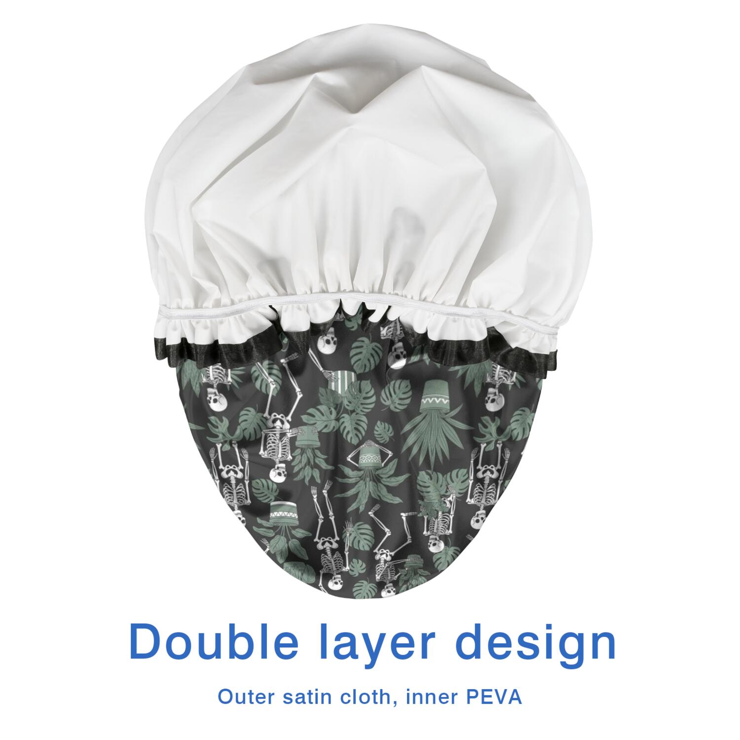 Shower Caps,Black Skeleton Plant Pattern Waterproof Shower Cap for Women 4 Pieces,Double Reusable Hair Cover for Shower PEVA Elastic Stretch Hem