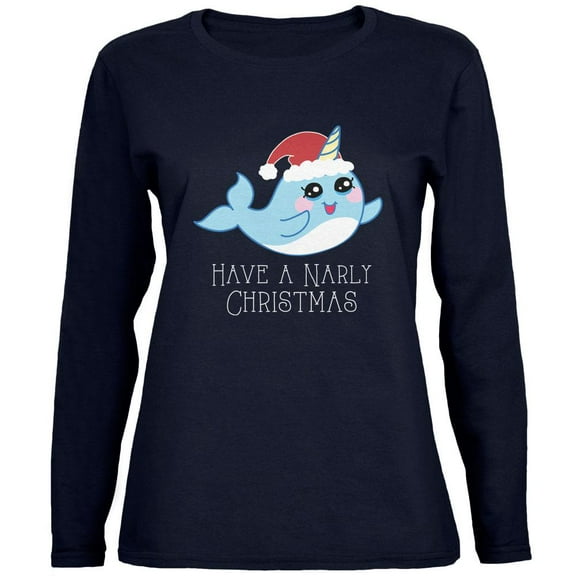 Narwhal Have a Narly Gnarly Christmas Womens Long Sleeve T Shirt Navy SM