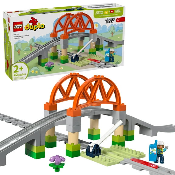 LEGO DUPLO Town Train Bridge and Tracks Expansion Set - 10 Extra Pieces of Train Tracks - Preschool and Toddler Train Set, Ages 2  - Building Toy for Boys and Girls - 10426