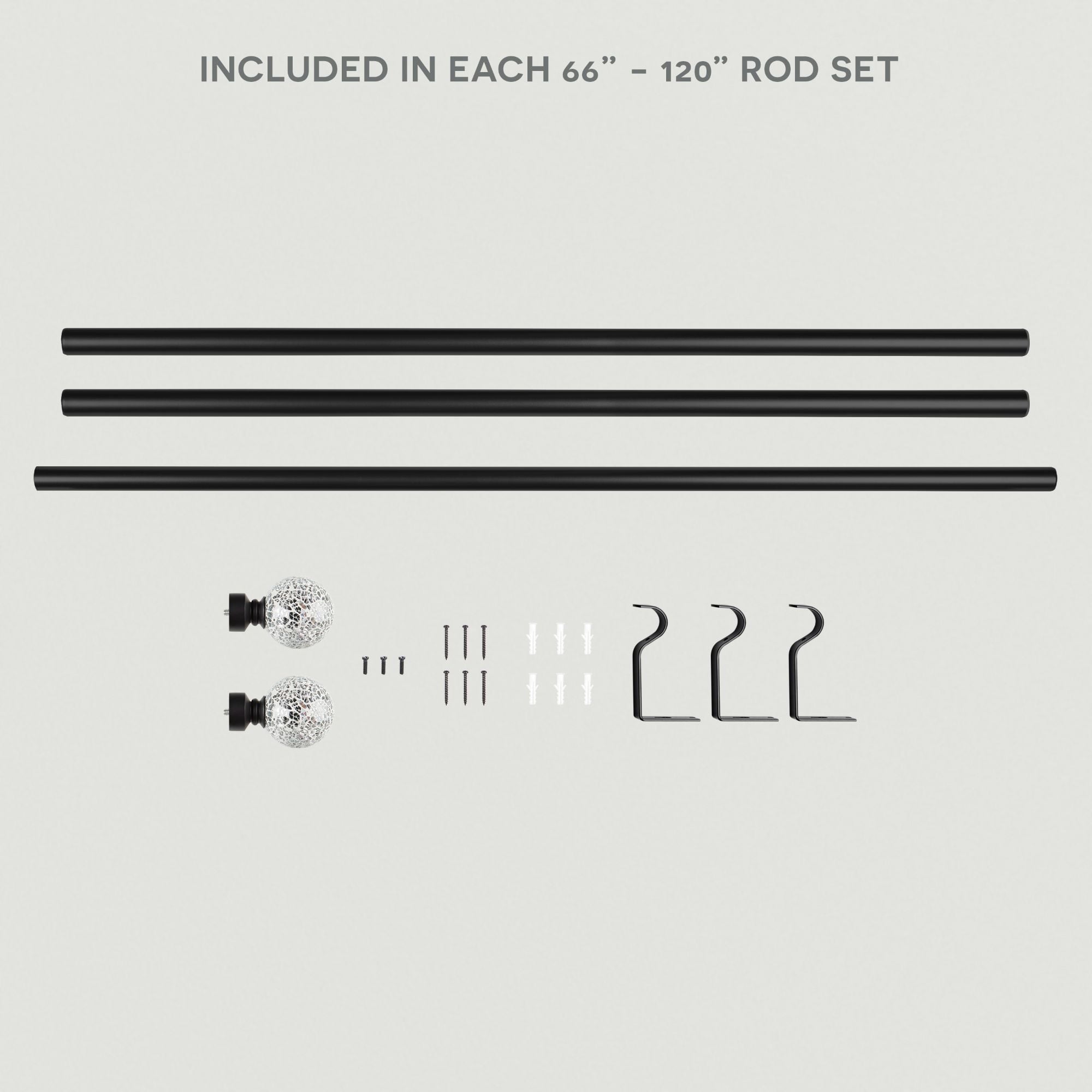 Exclusive Home White Mosaic 1" Curtain Rod and Coordinating Finial Set, Matte Black, Adjustable 66"-120"