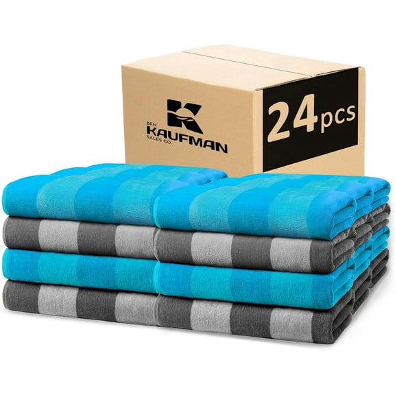 Kaufman- Velour Multi-Color Cabana Striped Beach Towels in Bulk | 100% Cotton Beach Towel Pack 30" x 60" | Absorbent, Quick-Drying Pool Towels for Adults (24 Pack)