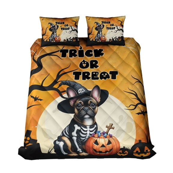 Trick or Treat French Bulldog Needs Candy Happy Halloween Night Quilt Bedding Set Dog Lover Gifts 1 Blanket Bed Cover 2 Pillowcases - 02020
