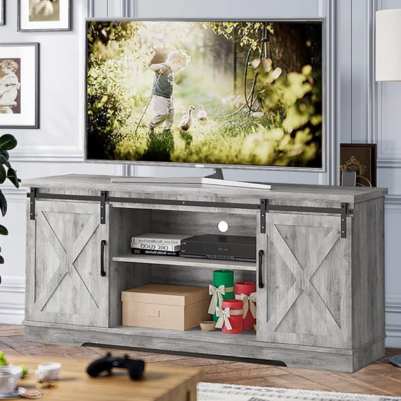Farmhouse TV Stand - 65 Inch Entertainment Center, Grey TV Media Console with Storage, Barn Doors, Shelves - Modern TV Console Table for Living Room