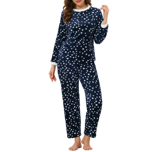 INSPIRAR CHIC Conjunto de Pijamas de Flanela Cálida de Mujer con Corazón y Estrella, con Pantalones de Forro de Felpa, Talla L Azul