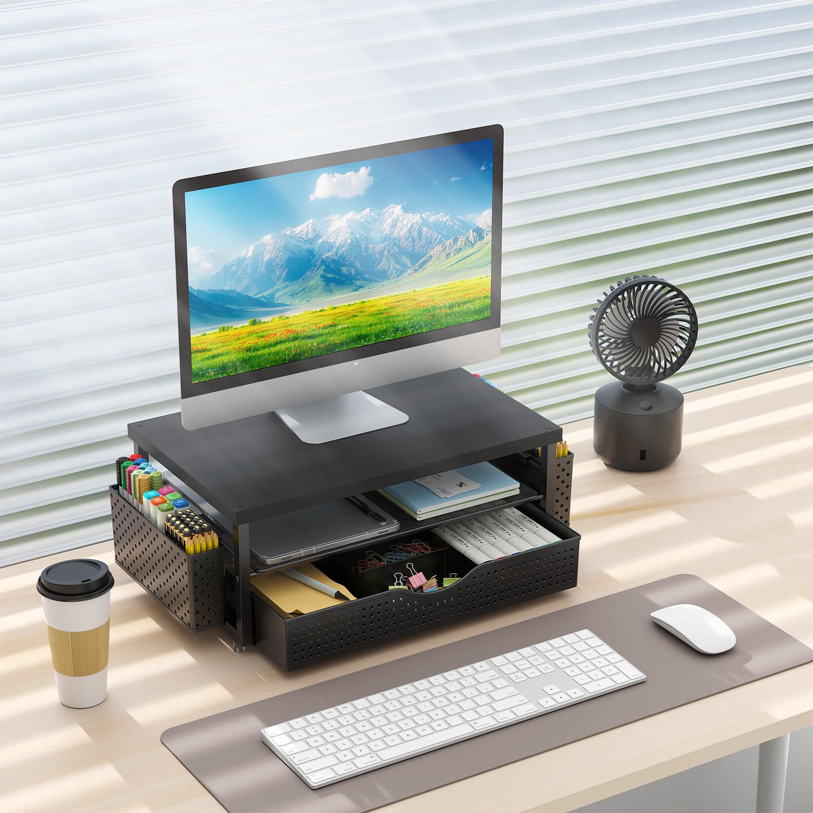 Wood Monitor Stand Riser  Office Desk Shelf Organizer With Drawer And Pen Holder 2-tier Computer Organization (ink)