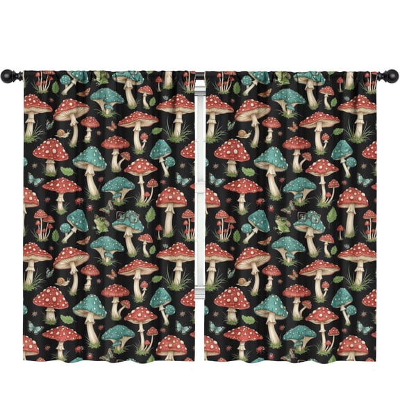 Blackout Kids Curtains,Mushroom and Frog Butterfly Black Pattern Children's Insulated Curtains Set Of 2,Bedroom Essentials,Toddler Room Decor 52"x84"