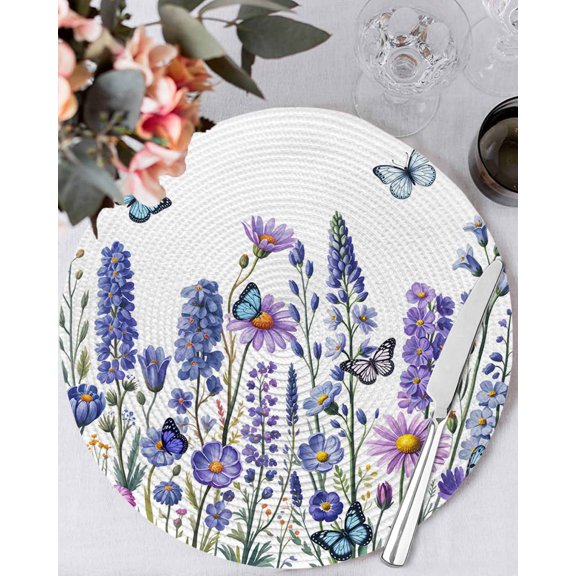 13 Inch Round Placemats Set of 6, Purple Floral Non Slip Heat Insulation PP Table Mats, Spring Lavender Daisy Butterflies Botanical Washable Place Mats for Kitchen Dining Party Table Decor
