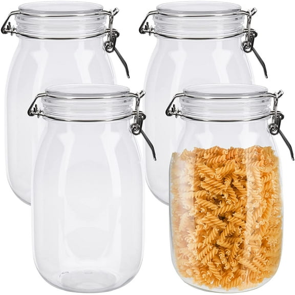 4 Pack Plastic Mason Jars with Hinged Lids - 55 Oz Airtight Storage Canister Wide Mouth Kitchen Food Storage Jar for Sugar, Flour, Cereal, Coffee, Pasta, Cookies and Canning