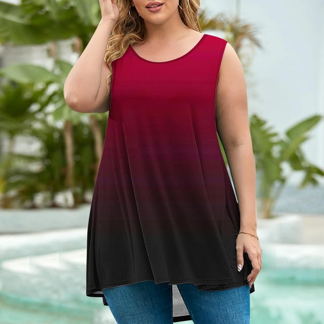 Meichang Débardeurs Sans Manches pour Femmes Été Grande Taille Tunique Tendance Dégradé Col Rond Décontracté Ample