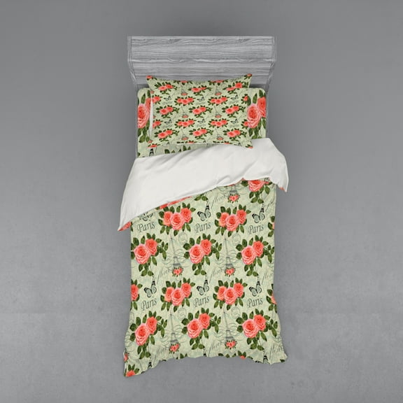 Ambesonne Romantic Bedding Set 3 Pcs, Paris Themed Flowers, Twin XL, Salmon and Green