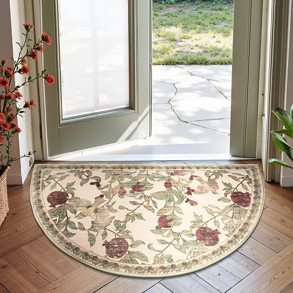 RLESO Floral Area Rug Washable Entryway Rug 2X3 Semicircular Vintage Indoor Doormat Accent Rug Half Circle Lightweight Soft Small Non-Slip Red Green Carpet for Entrance Kitchen Bedroom Bathroom