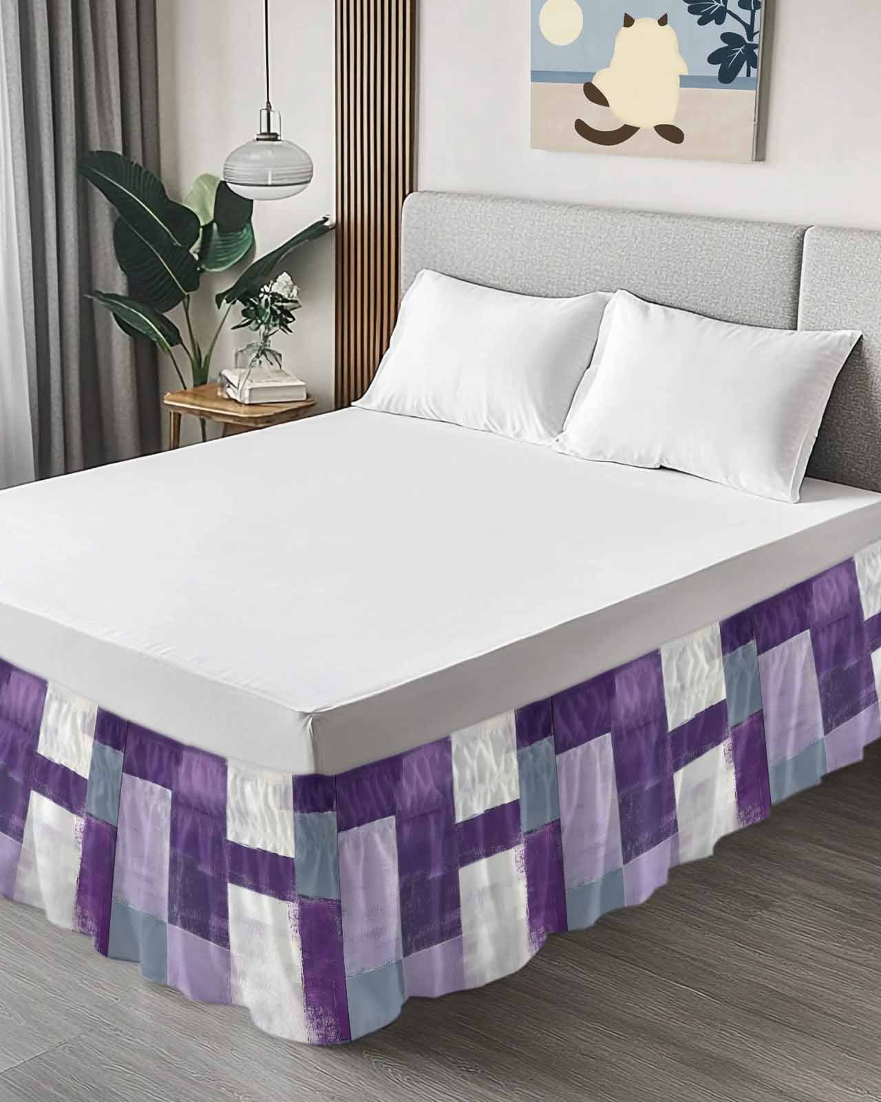 Abstract Purple Bed Skirt King Size 18" Drop Gray Gradient Graffiti Color Block Modern Art Ruffled Wrap Around Bed Skirts Adjustable Elastic Bedskirt Dust Ruffle for King Size Bed