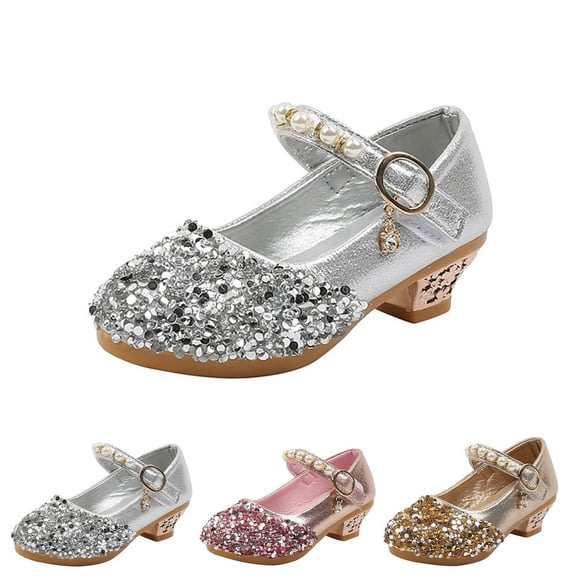 Bxsruta Girls Mary Jane Shoes Sparkle Sequin Pearl Ankle Strap Dress Shoes Little Kids Low Heel Party Shoes