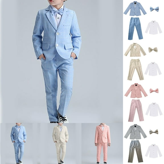 HAOTAGS Boy Suits Slim Fit Formal Suits for Boys, Solid Wedding Long - sleeve Shirt Jacket Pants Bow Tie 4PC Sets Blue 4-5 Years