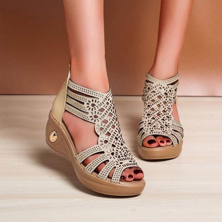 

Holiday Savings 2022! Rourlinge Summer Sandals For Women Wedge Slip On Sandals Crystal Hollow Roman Shoes Open Toe Casual Sandals Beige 39