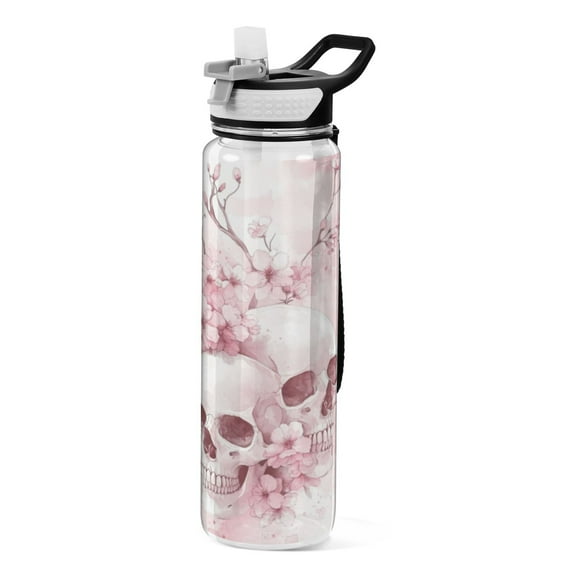 Qxltty Pink Skulls Water Bottle 32 oz with Straw BPA Free Reusable Fitness Sport Bottle Perfect for Travel School Outdoors and Gym