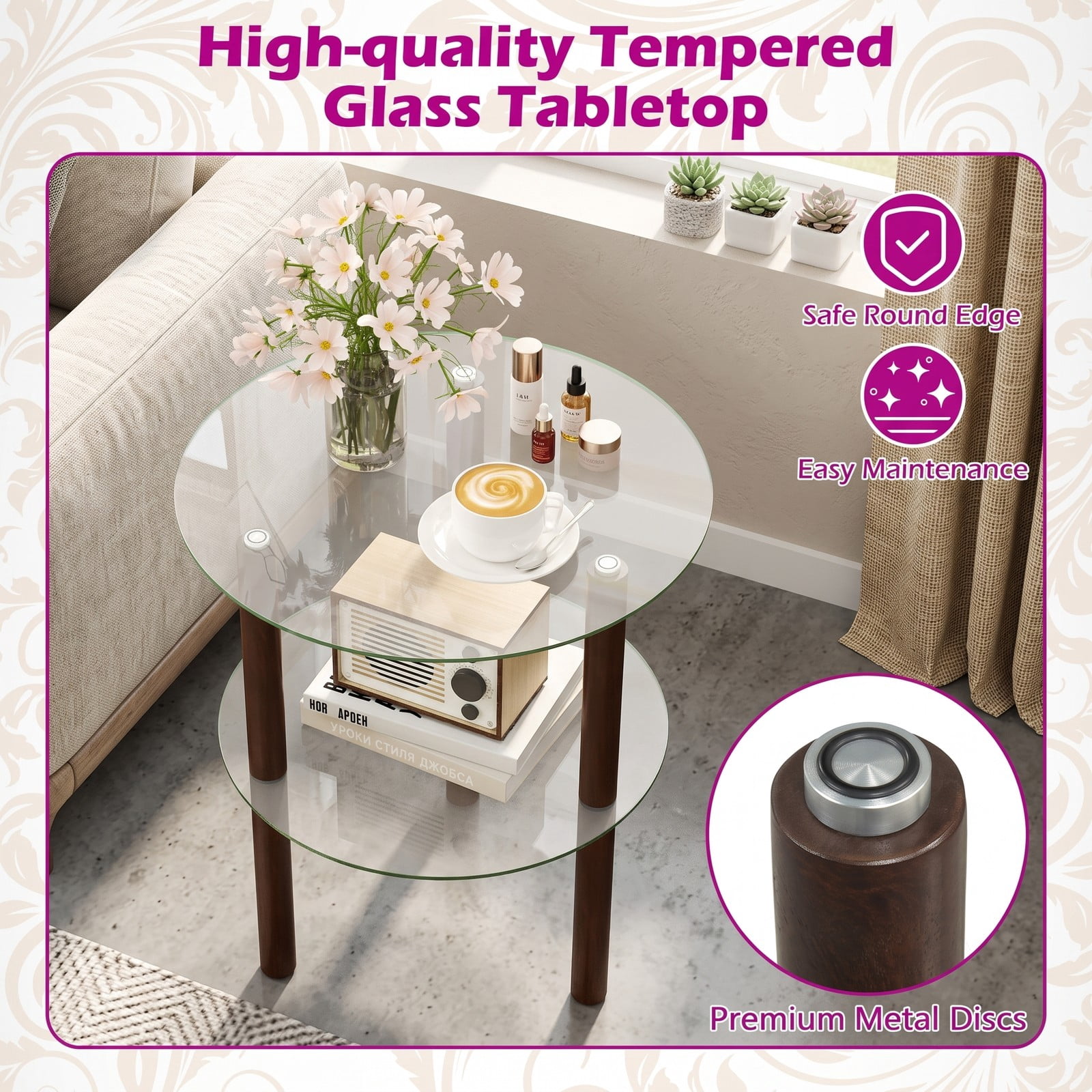Furnibear 2-Tier Round End Table with Clear Tempered Glass Top and Storage Shelf, Rubber Wood Legs Side Sofa Nightstand for Living Room Bedroom, Brown