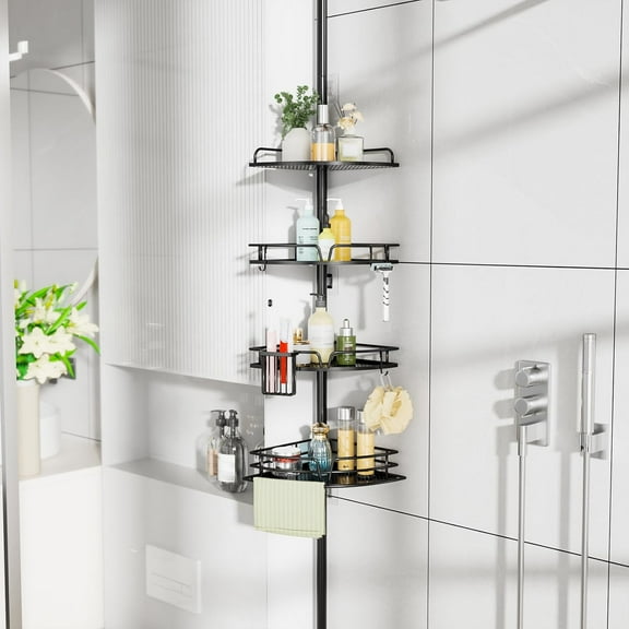 Corner Shower Caddy Organizer - Rustproof Shower Organizer Corner with Toothbrush Holder and Hooks, Bathroom Shelf Tension Pole Available for 27.6 to 108.3 Inch - Black