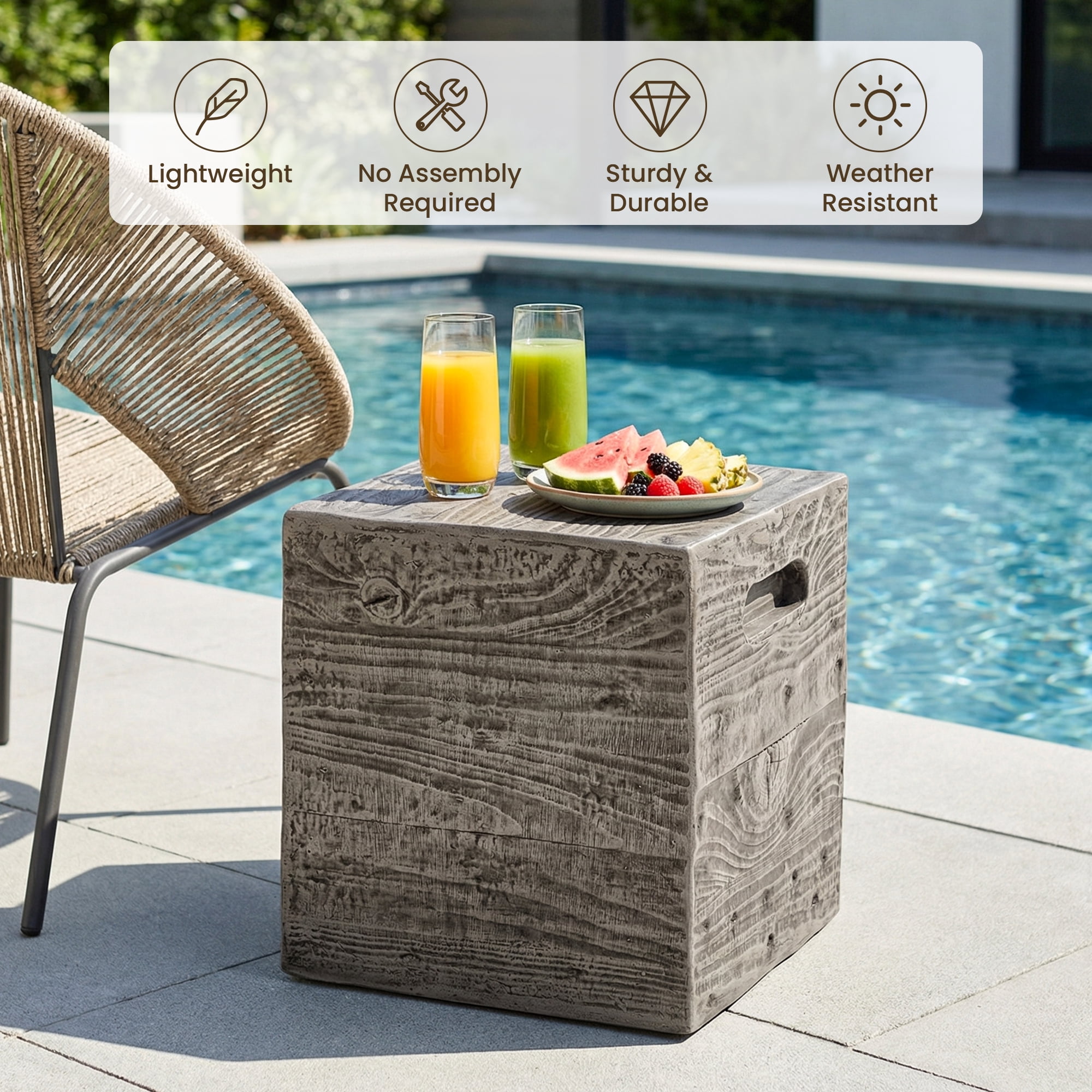 MOALCOFER Concrete Outdoor side table with Faux Wooden,Small Patio Accent Table