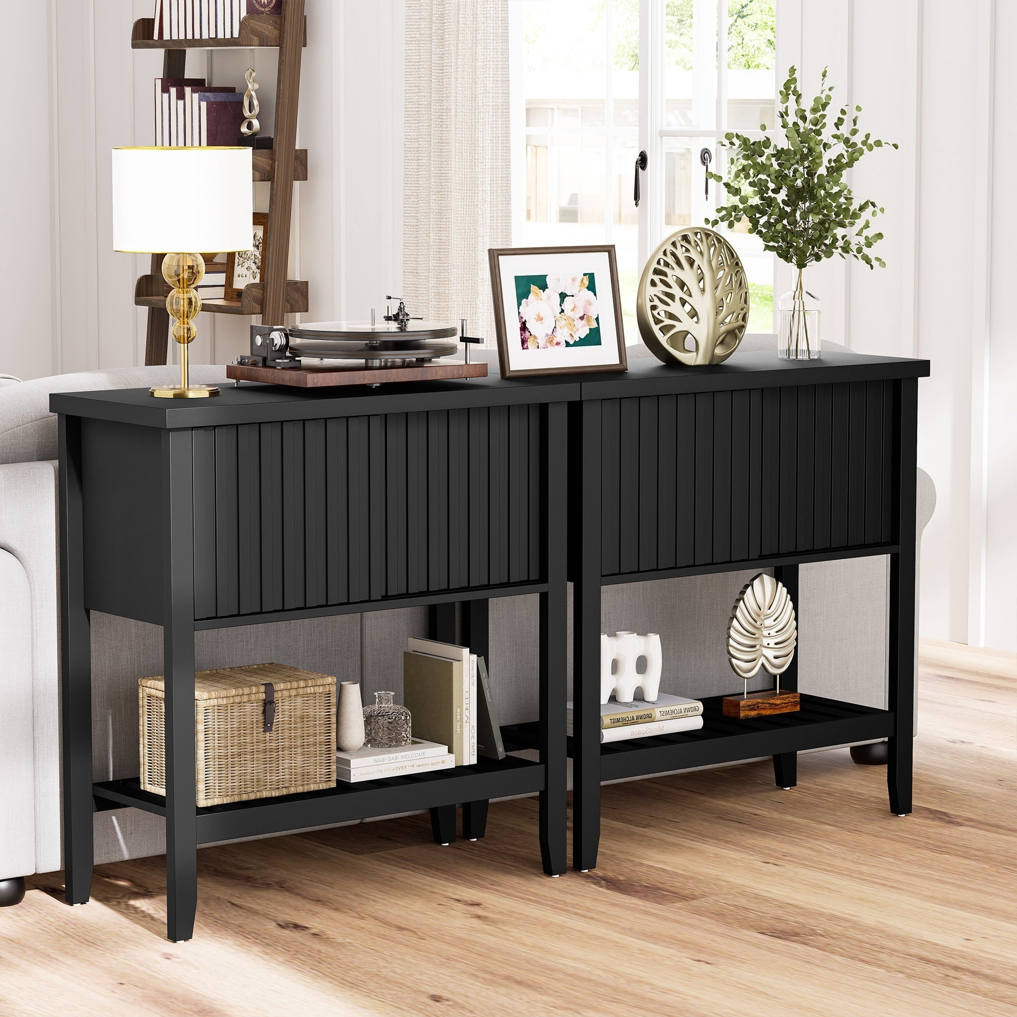31.5" Small Entryway Display Table, Wooden Console Table with 2 Sliding Doors, Storage Accent Sofa Table with Open Shelf