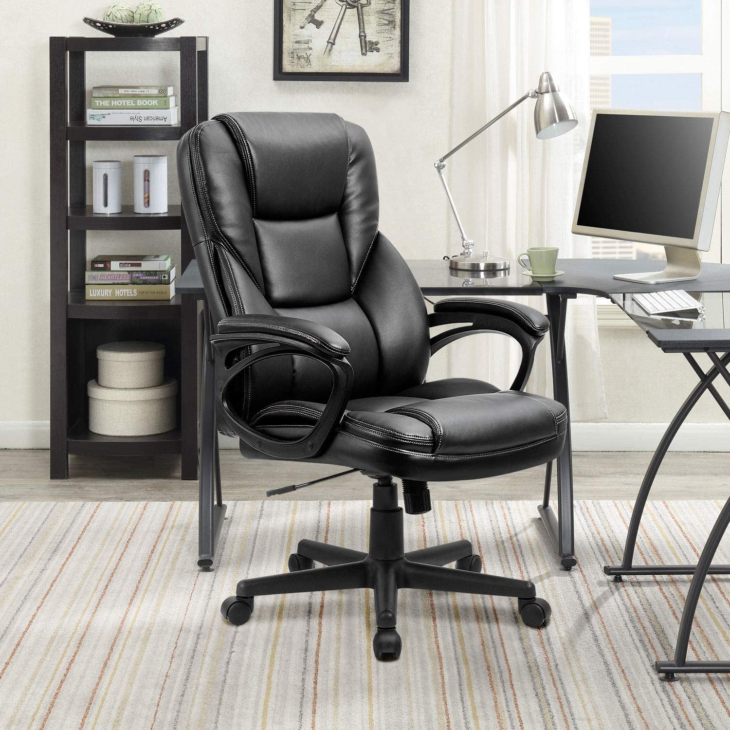 Vineego High Back PU Leather Executive Office Desk Chair Adjustable Business Manager’s Chair Ergonomic swivel Computer Chair with Lumbar Support and Armrest, Black