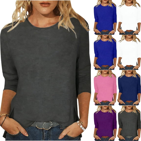Ashirexll Short Sleeve Shirts for Women, Fashion Casual 3/4 Sleeve Round Neck Pullover Top Blouse