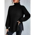 thumbnail image 3 of EYIIYE Chandail d'Automne Hiver pour Femmes à Manches Longues Col Roulé Tricoté chandail Couleur Unie Ourlet Fendu Long Tricoté Ample Décontracté Confortable, 3 of 8