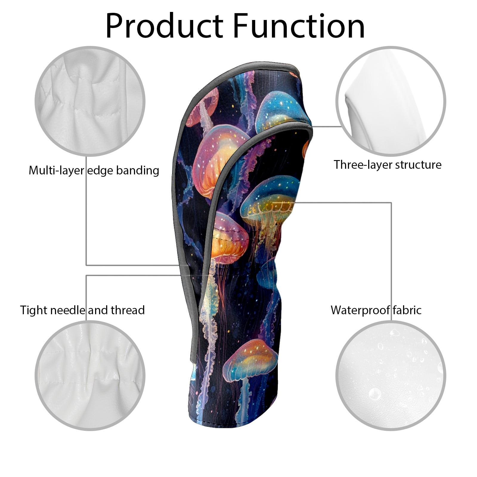 Golf Head Covers Sea Jellyfish Design for Driver, Wood & Hybrid, Premium Waterproof PU Leather with Plush Lining, Unique Oceanic Golf Gifts