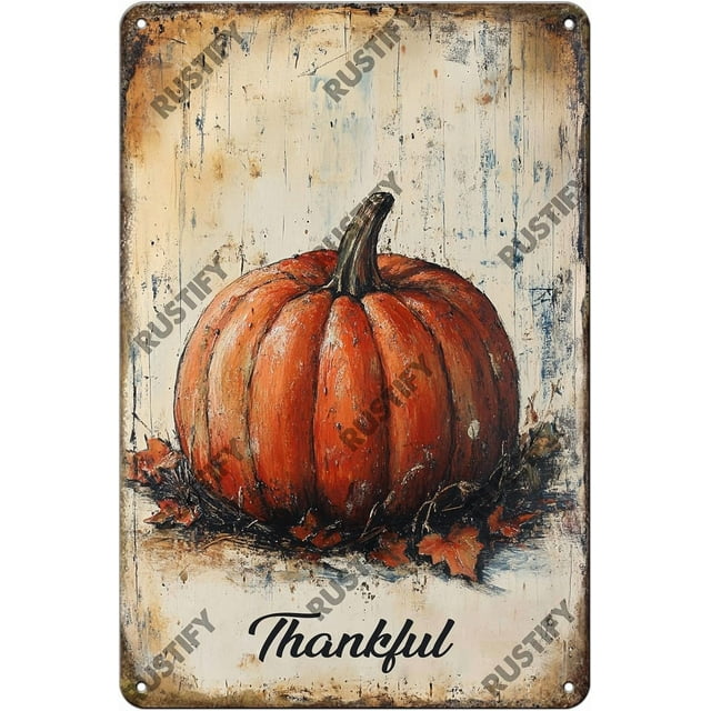 Thanksgiving Thankful Pumpkin Sign Funny Metal Tin Sign Wall Decor for Home Yard Office Kitchen Outdoor 12×8 Inch